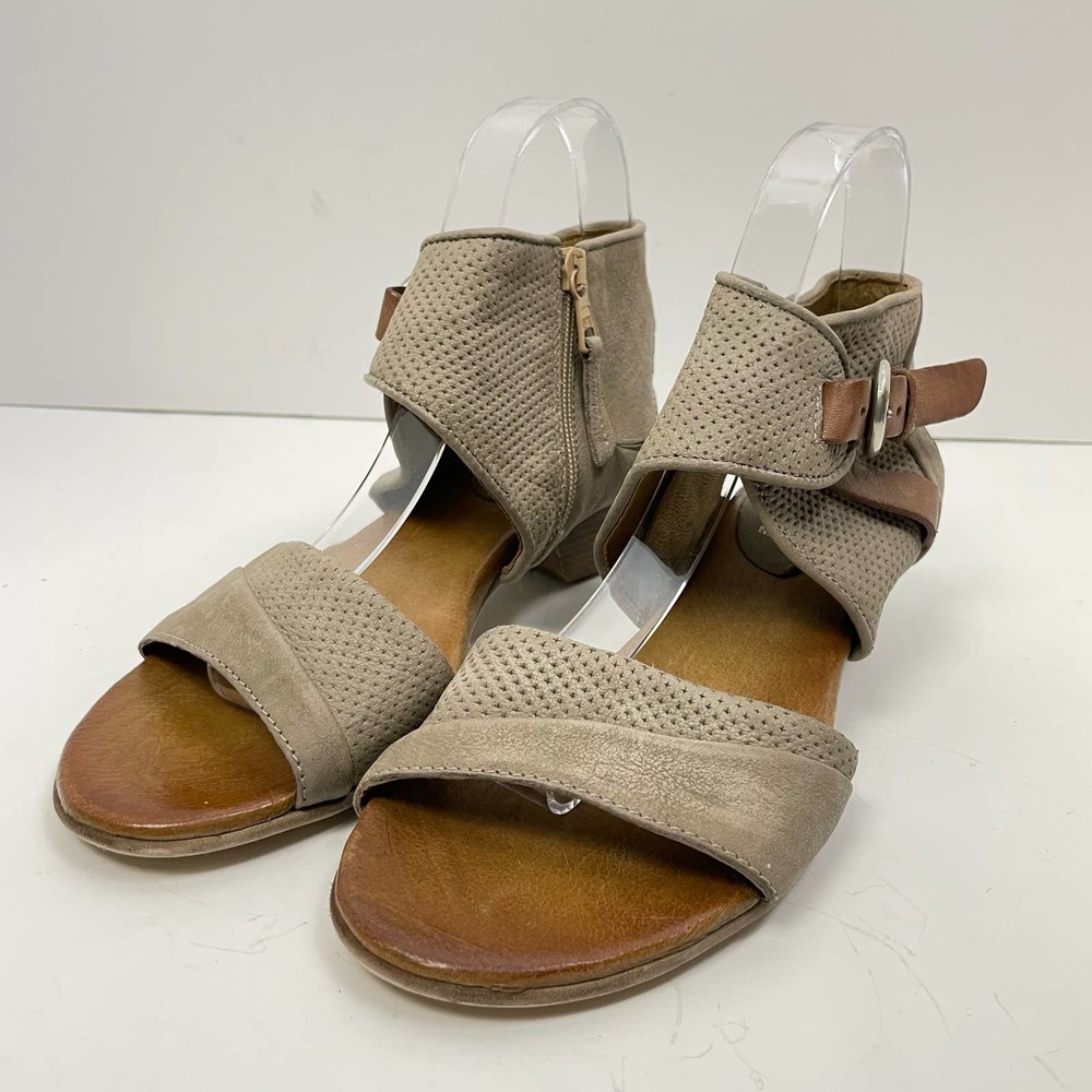 Miz Mooz Cheerful Taupe Gray Leather Buckle Side Zip Open Toe Block Heel Sandals